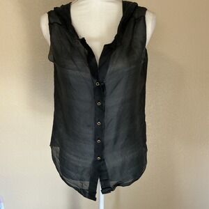 Oscar de la Renta Black Silk Organza Sheer Hooded Sleeveless Blouse FLAW  Size 4